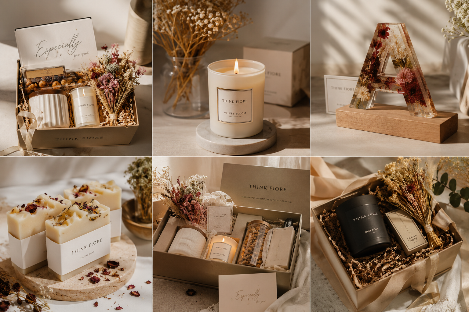 A curated collection of Think Fiore products including luxury hampers, hand-poured candles, and floral resin art